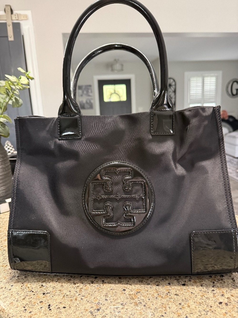 Tory Burch Black Nylon Tote with Glossy Patent Trim